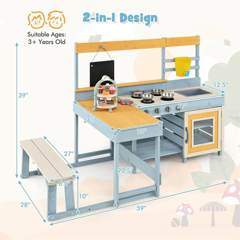2-in-1 Mud Kitchen & Kids Picnic Table Built-in Bench, Fir Wood Outdoor Play Kitchen Playset with - Product image 4