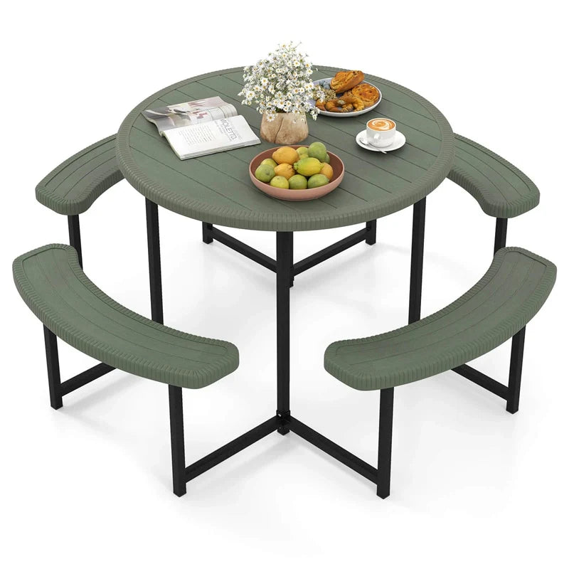 8 Person Round Outdoor Picnic Table Bench Set with Umbrella Hole, All-Weather HDPE Tabletop & Metal Frame - Product image 11
