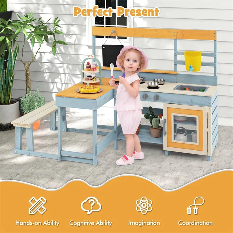 2-in-1 Mud Kitchen & Kids Picnic Table Built-in Bench, Fir Wood Outdoor Play Kitchen Playset with - Product image 11
