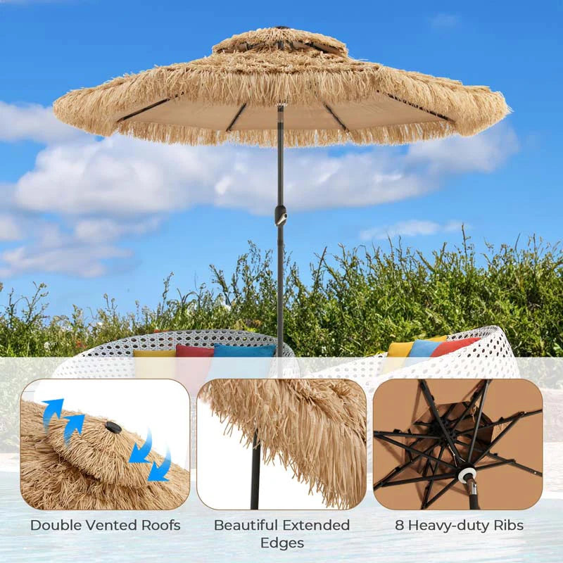 9FT Thatched Tiki Patio Umbrella with 33 Solar LED Lights, Hawaiian Style 2-Tier Hula Beach Umbrella with - Product image 7