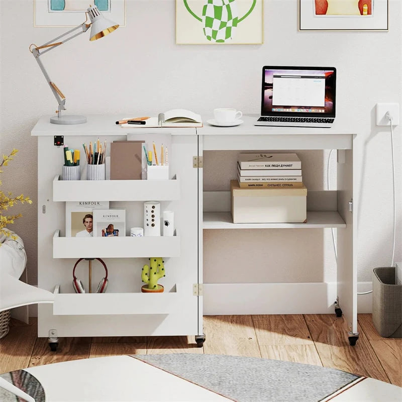 Folding Sewing Table with Charging Station, Rolling Craft Table w/ 3 Storage Trays & Shelf - Product image 26