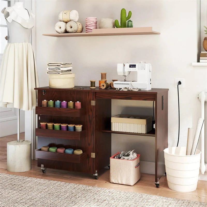 Folding Sewing Table with Charging Station, Rolling Craft Table w/ 3 Storage Trays & Shelf - Product image 14