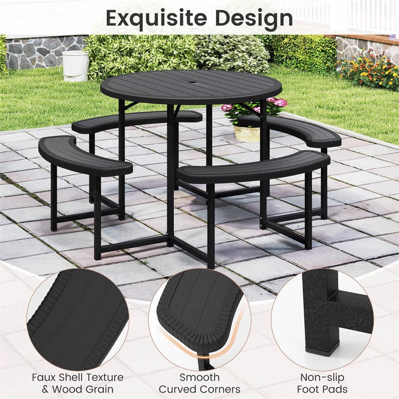 8 Person Round Outdoor Picnic Table Bench Set with Umbrella Hole, All-Weather HDPE Tabletop & Metal Frame - Product image 7