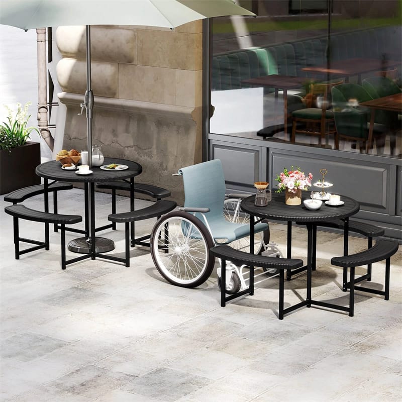8 Person Round Outdoor Picnic Table Bench Set with Umbrella Hole, All-Weather HDPE Tabletop & Metal Frame - Product image 2