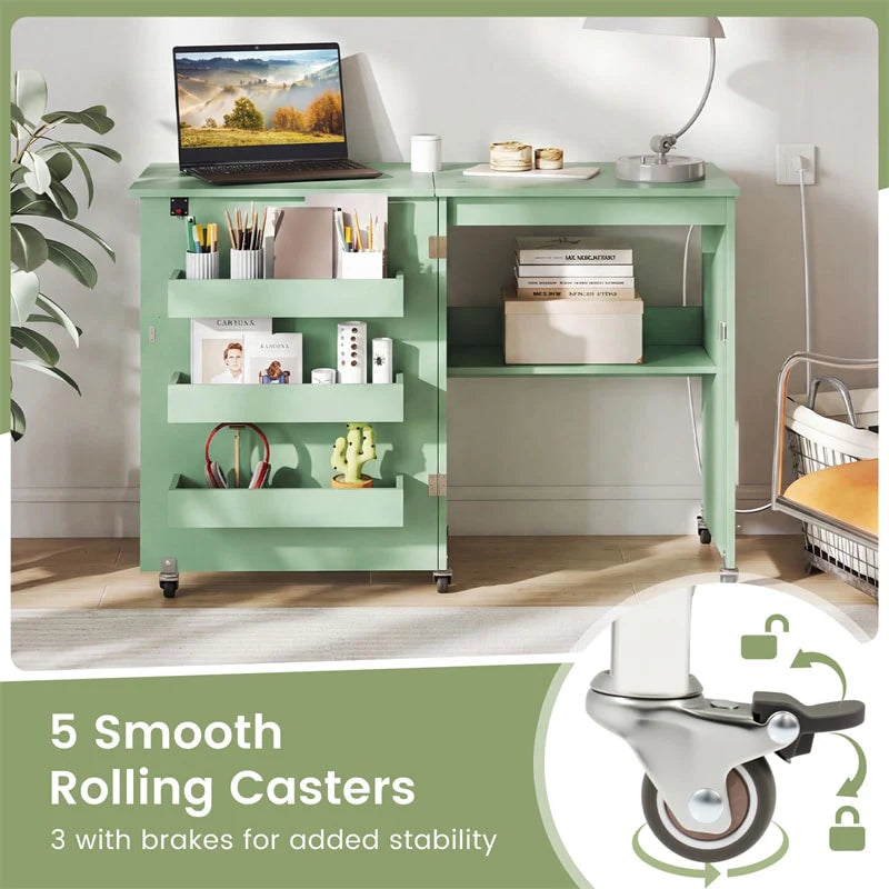Folding Sewing Table with Charging Station, Rolling Craft Table w/ 3 Storage Trays & Shelf - Product image 55