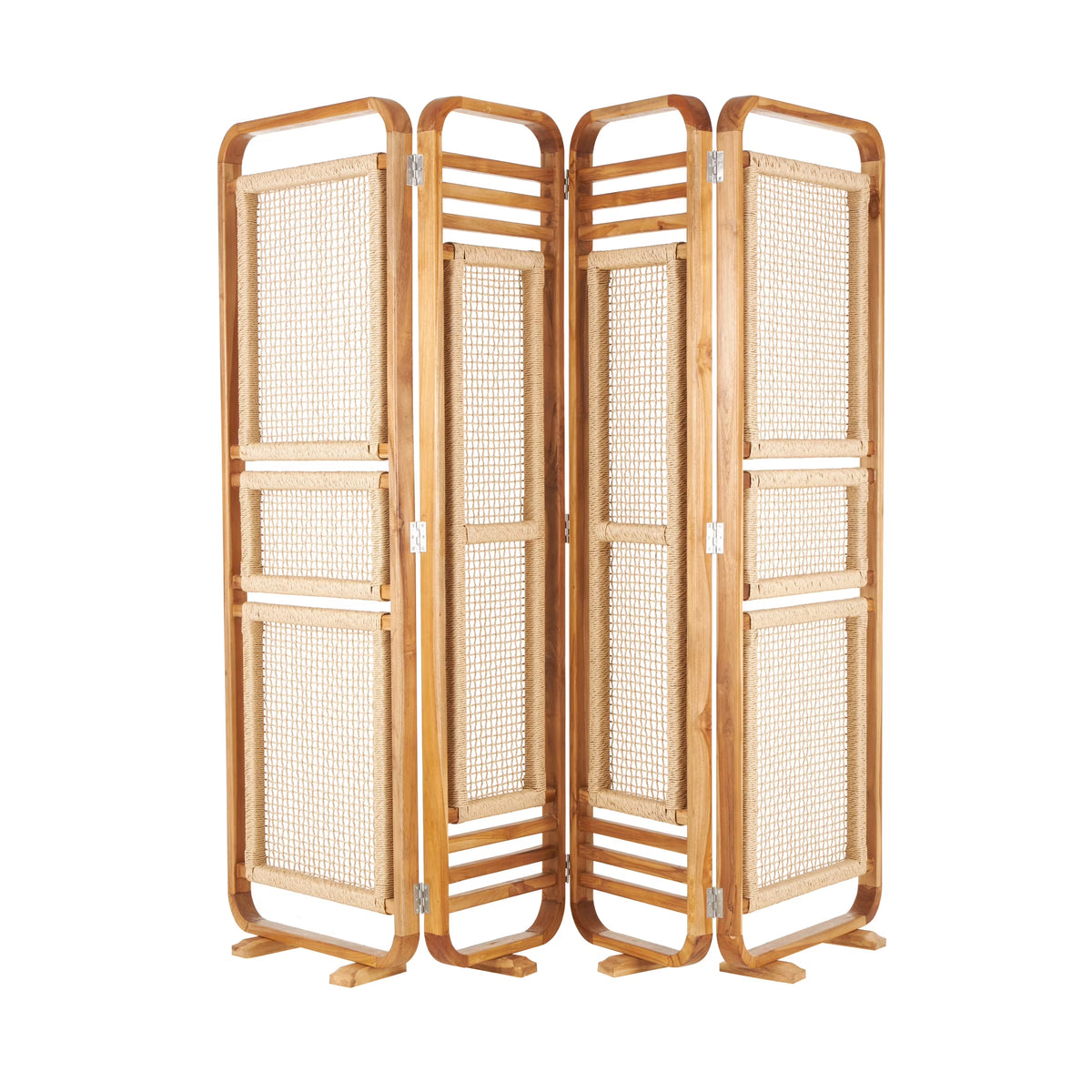 Decmode 79" x 70" Brown Teak Wood Handmade Foldable Partition 4 Panel Room Divider Screen with Woven Rattan - Product image 1