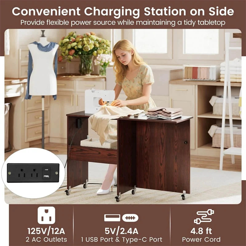 Folding Sewing Table with Charging Station, Rolling Craft Table w/ 3 Storage Trays & Shelf - Product image 17