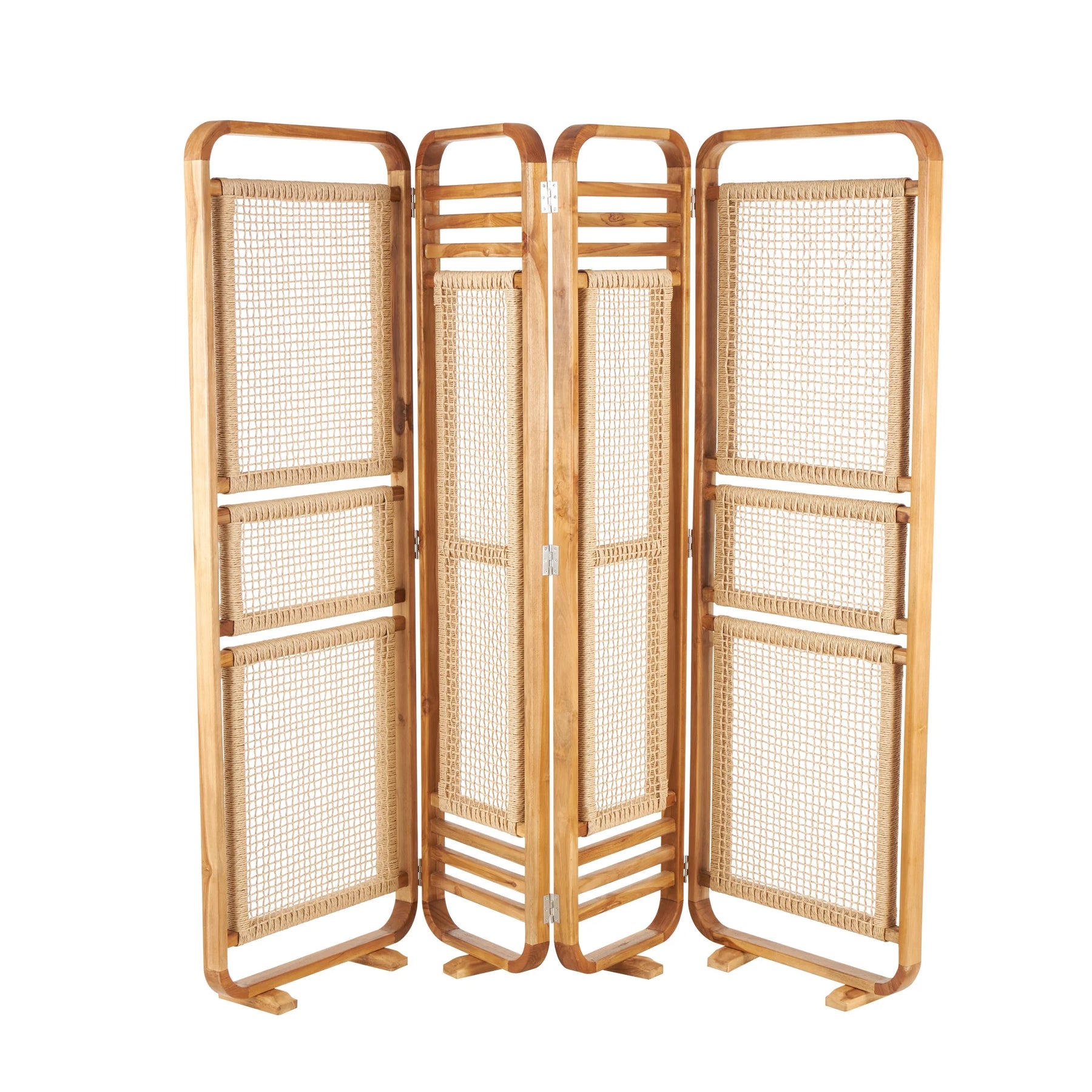Decmode 79" x 70" Brown Teak Wood Handmade Foldable Partition 4 Panel Room Divider Screen with Woven Rattan - Product image 8