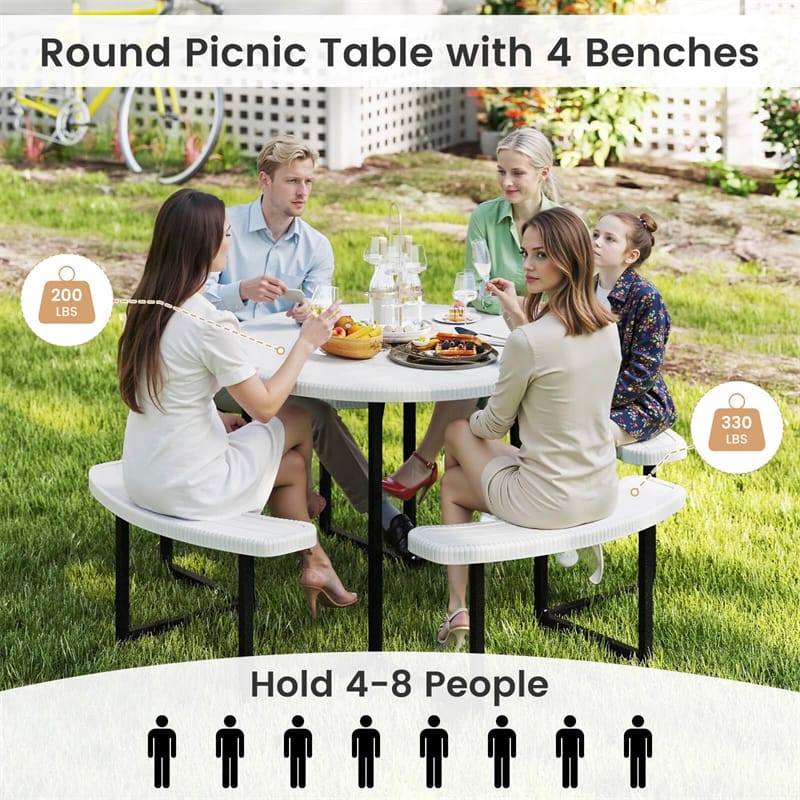 8 Person Round Outdoor Picnic Table Bench Set with Umbrella Hole, All-Weather HDPE Tabletop & Metal Frame - Product image 34
