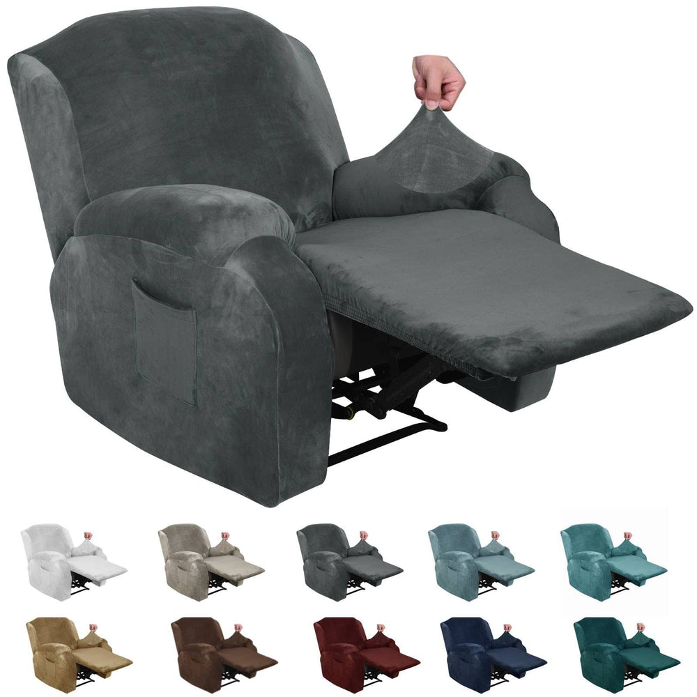 MAXIJIN Velvet 4 Piece Recliner Cover Stretch Plush Soft Cover for Chair Thick Soft Recliner Slipcover Separate Chair Cover with Side Pocket