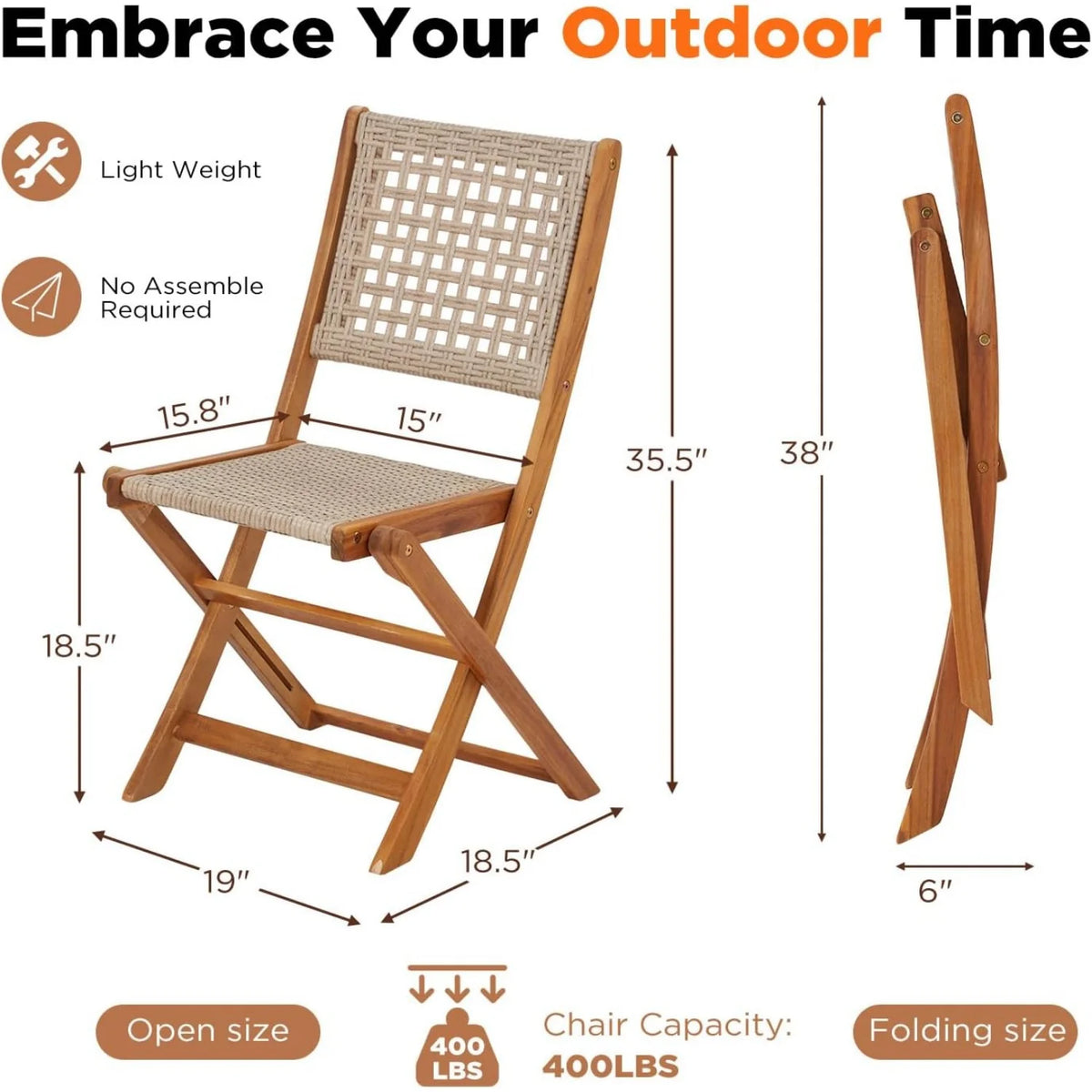AECOJOY Outdoor Folding Chairs Set of 2, Wooden Patio Dining Chairs with High Back - Product image 3