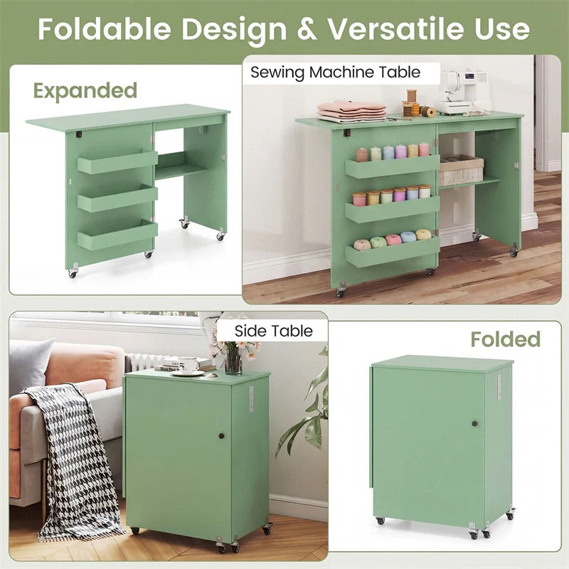 Folding Sewing Table with Charging Station, Rolling Craft Table w/ 3 Storage Trays & Shelf - Product image 53