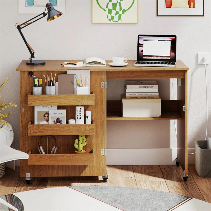 Folding Sewing Table with Charging Station, Rolling Craft Table w/ 3 Storage Trays & Shelf - Product image 36