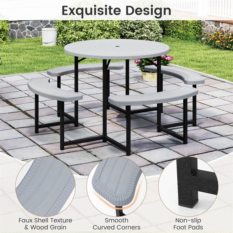 8 Person Round Outdoor Picnic Table Bench Set with Umbrella Hole, All-Weather HDPE Tabletop & Metal Frame - Product image 28