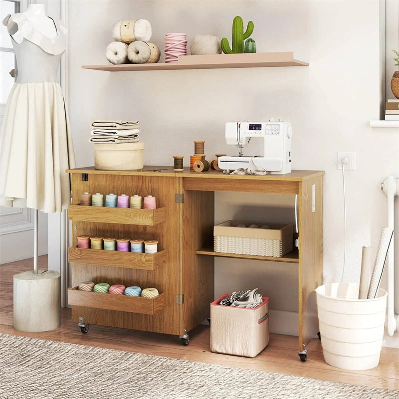 Folding Sewing Table with Charging Station, Rolling Craft Table w/ 3 Storage Trays & Shelf - Product image 37