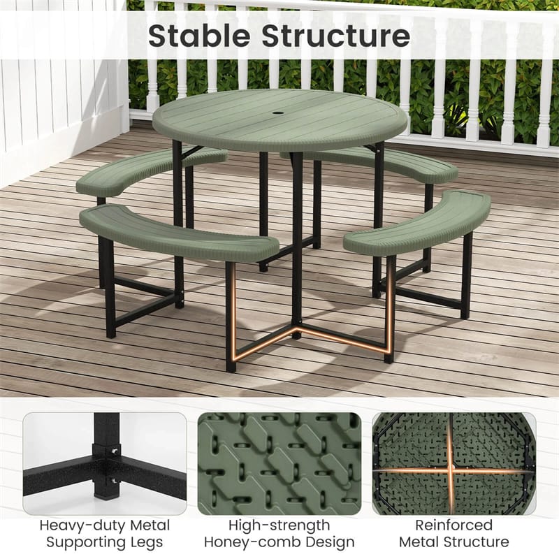 8 Person Round Outdoor Picnic Table Bench Set with Umbrella Hole, All-Weather HDPE Tabletop & Metal Frame - Product image 15