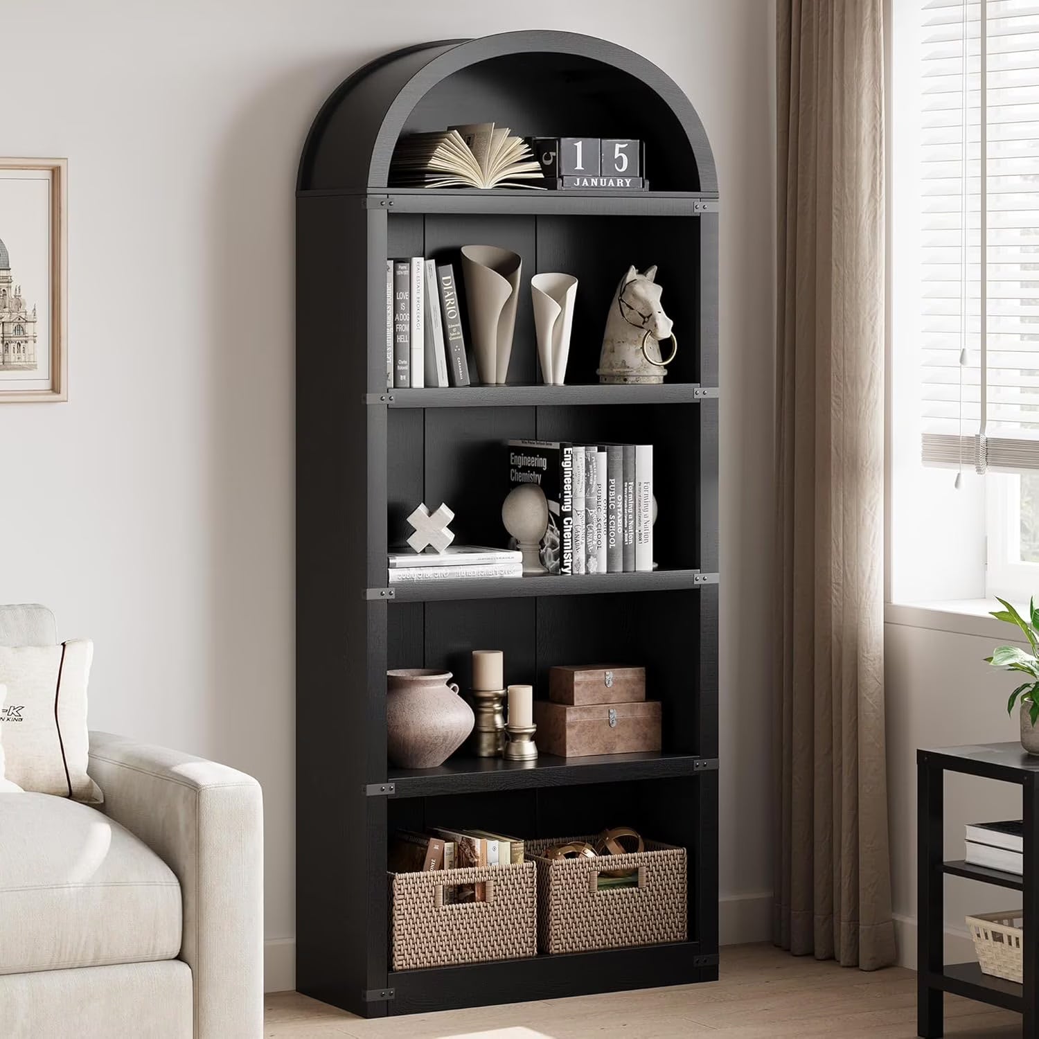 Bookcase 5 Shelf Arched Bookshelf 71.65in Tall Bookcase Farmhouse Display Storage Rack Wooden Bookshelves - Product image 5