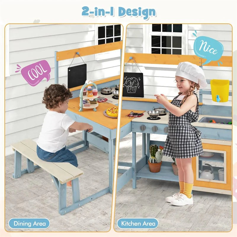 2-in-1 Mud Kitchen & Kids Picnic Table Built-in Bench, Fir Wood Outdoor Play Kitchen Playset with - Product image 5