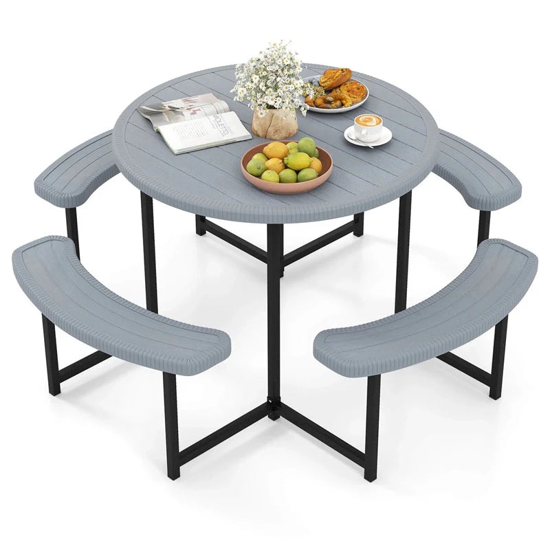 8 Person Round Outdoor Picnic Table Bench Set with Umbrella Hole, All-Weather HDPE Tabletop & Metal Frame - Product image 21
