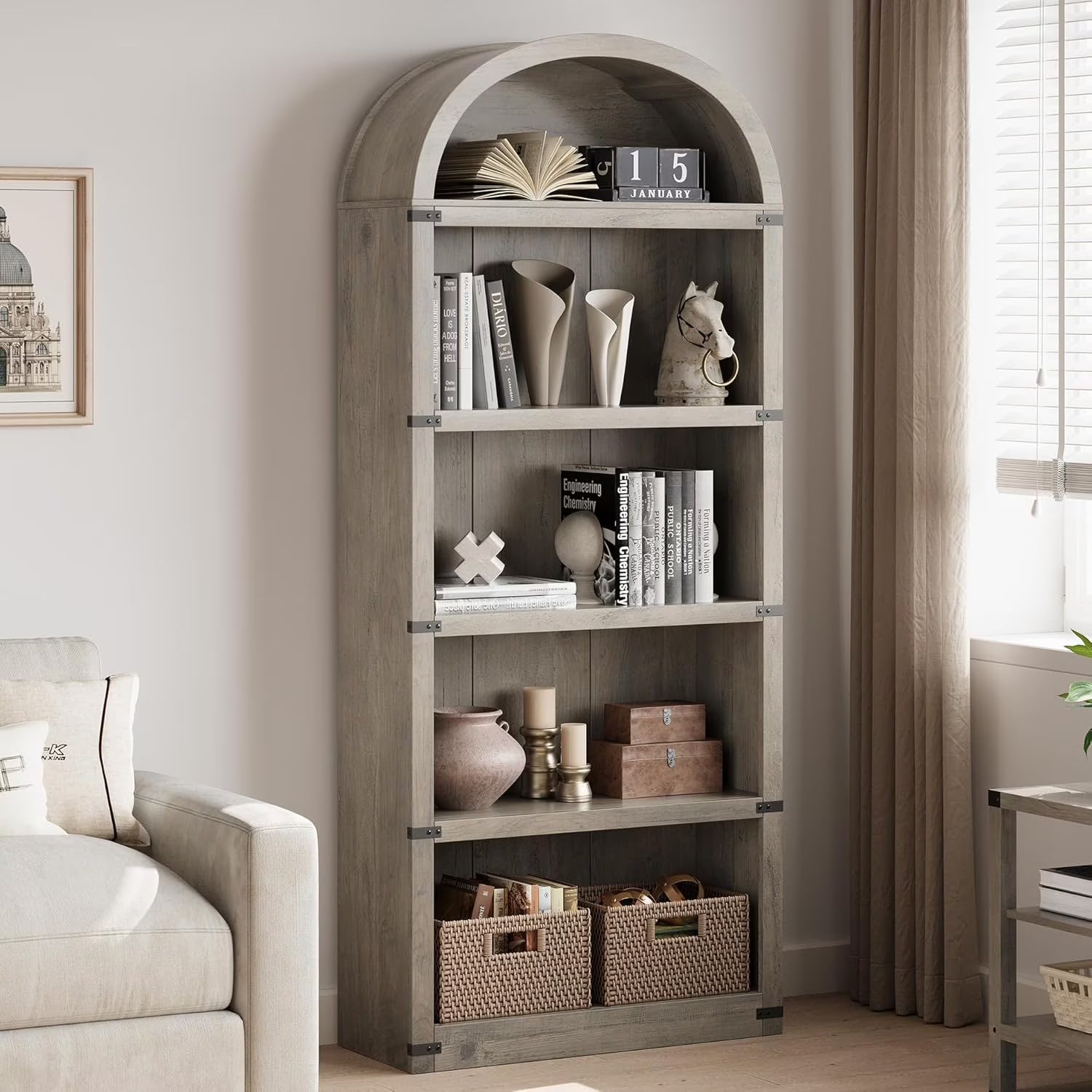 Bookcase 5 Shelf Arched Bookshelf 71.65in Tall Bookcase Farmhouse Display Storage Rack Wooden Bookshelves - Product image 3